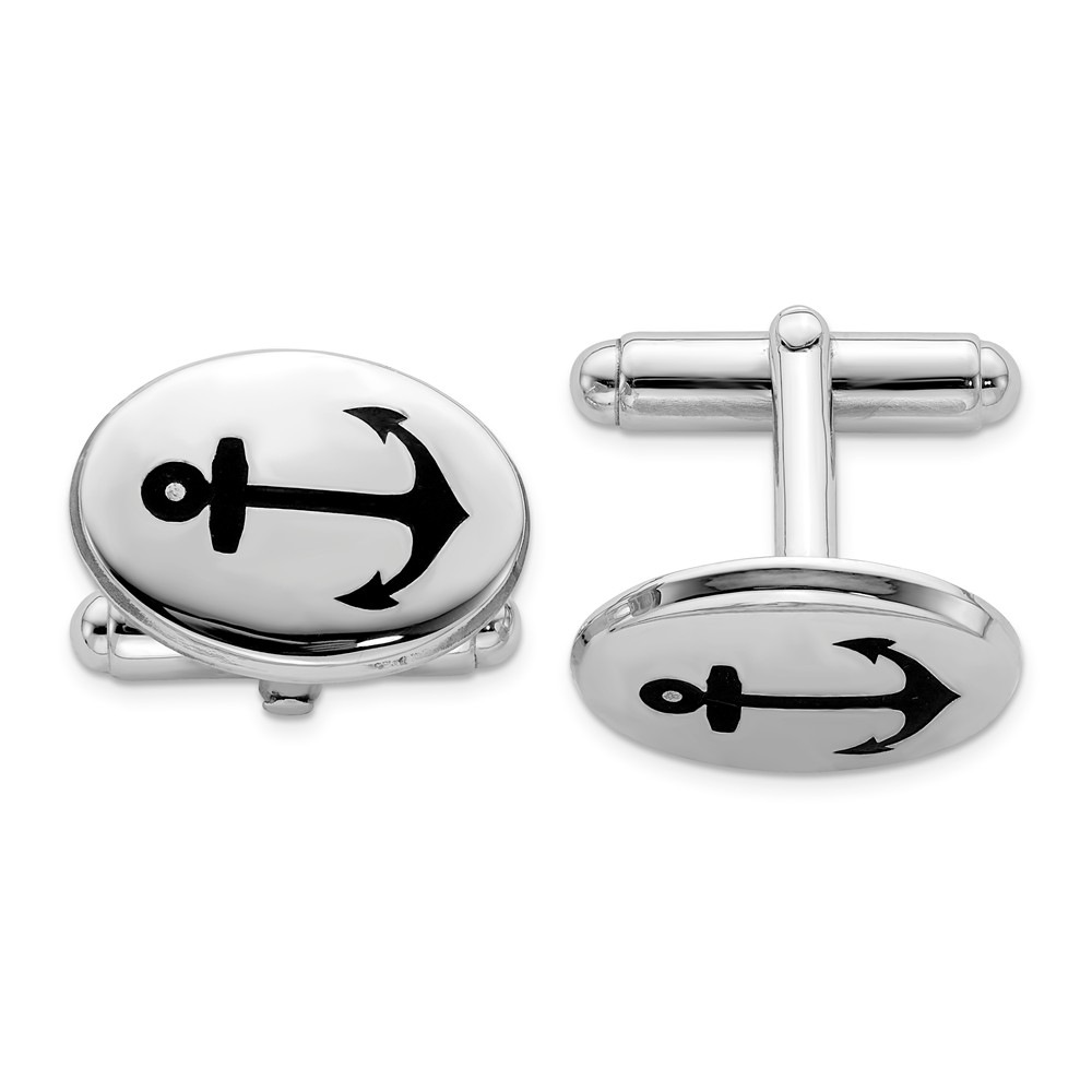 Men&#039;s Sterling Silver Black Enamel Anchor Oval Cuff Links