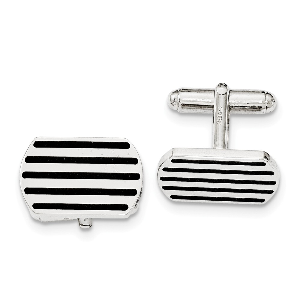 Men&#039;s Sterling Silver &amp; Black Rubber Polished Striped Cuff Links