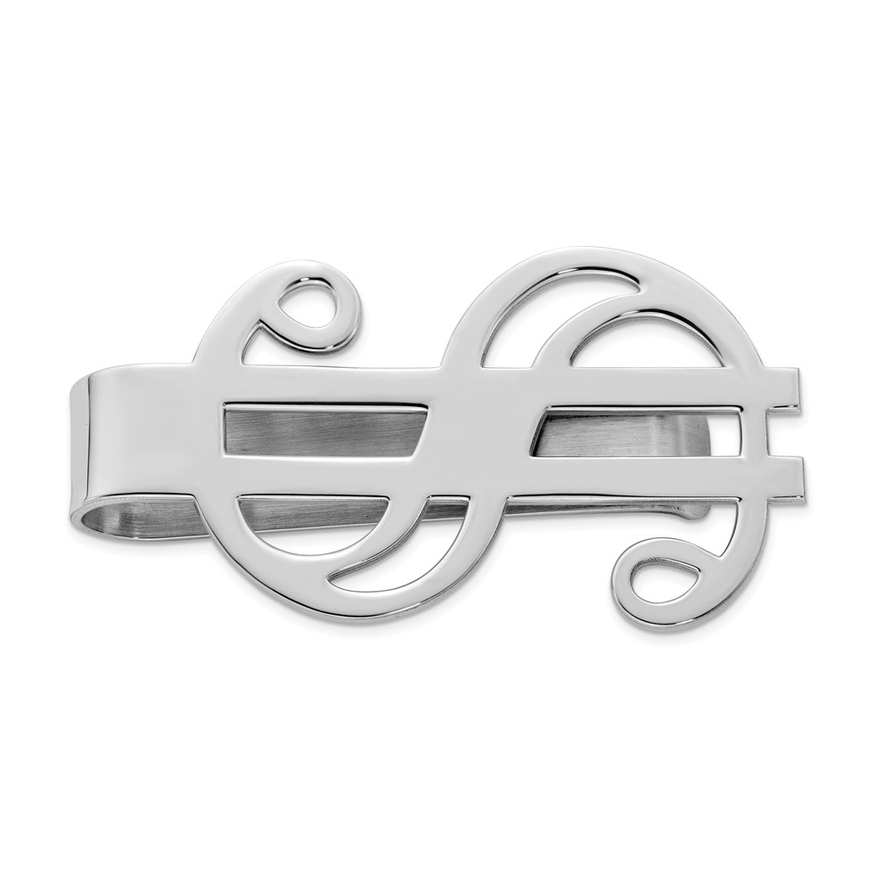 Polished Dollar Sign Money Clip in Rhodium Plated Sterling Silver