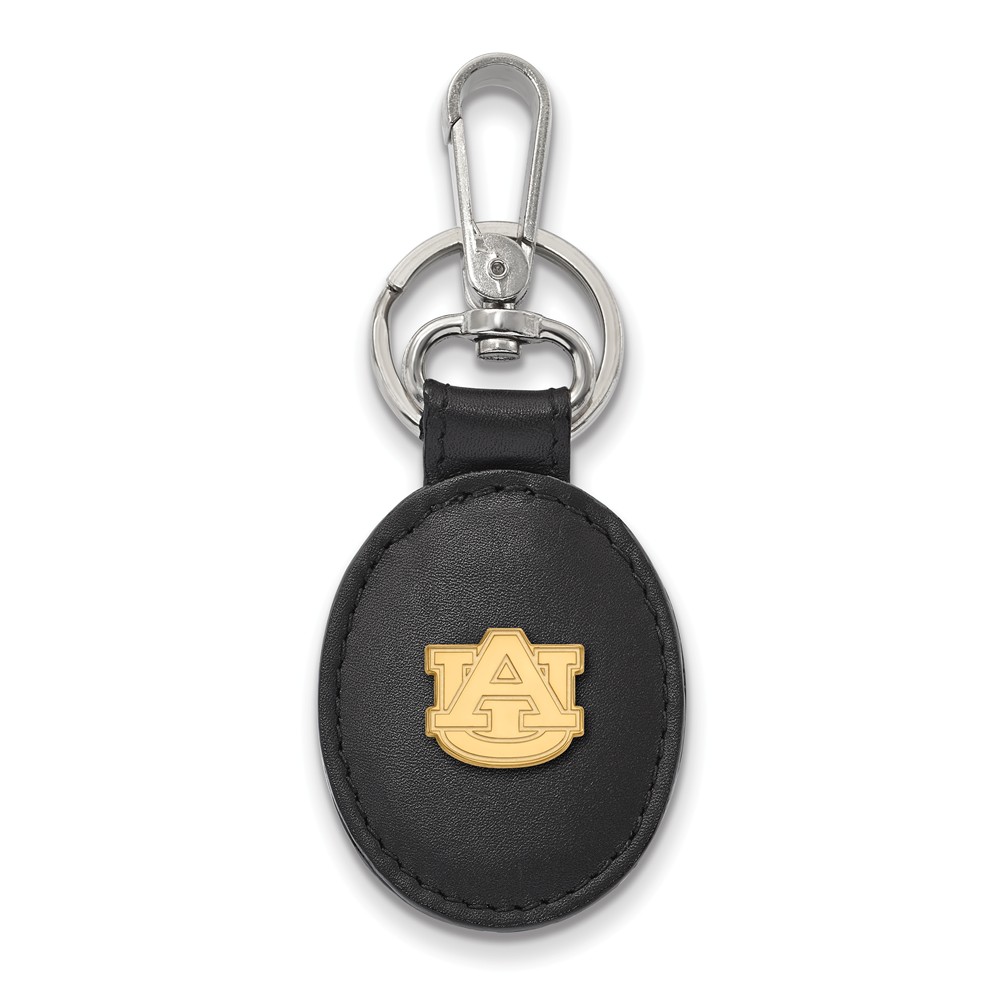 NCAA 14k Gold Plated Silver Auburn U Black Leather Key Chain