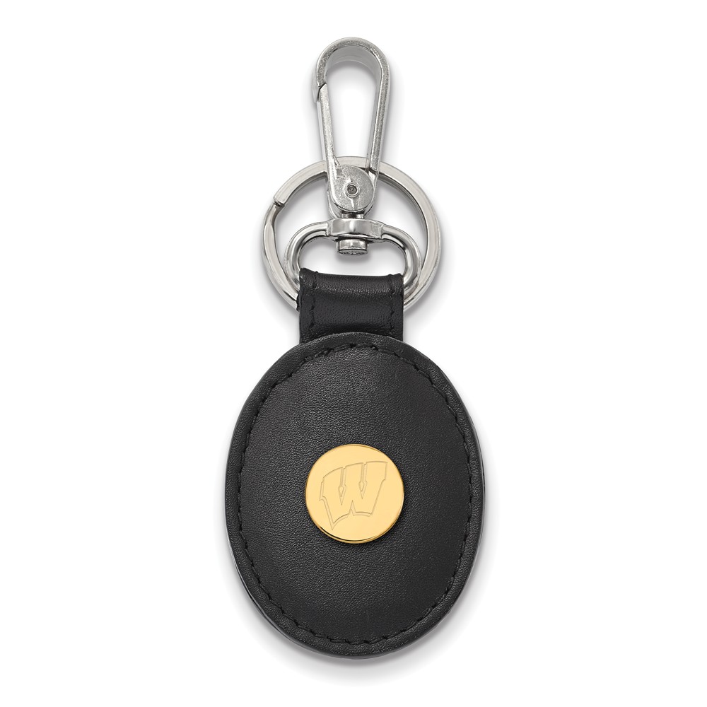 NCAA 14k Gold Plated Silver Wisconsin Black Leather Logo Key Chain