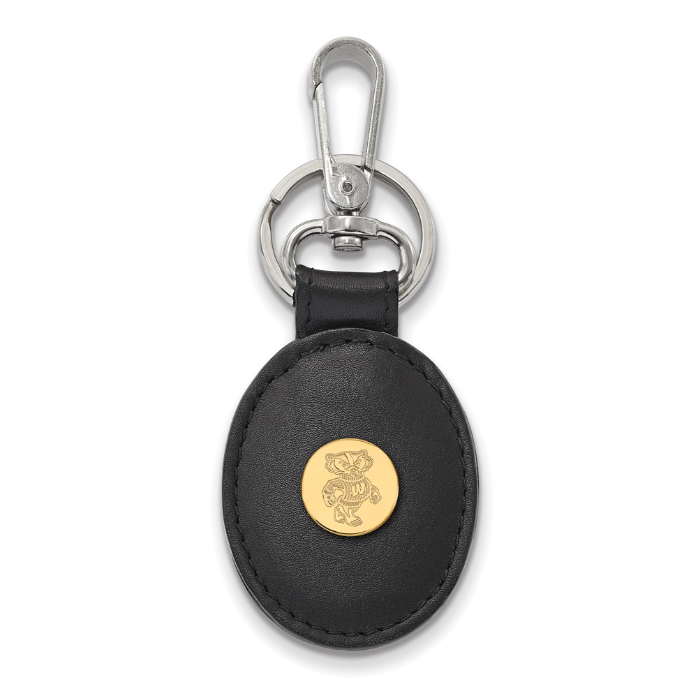 14k Gold Plated Silver U of Wisconsin Black Leather Key Chain