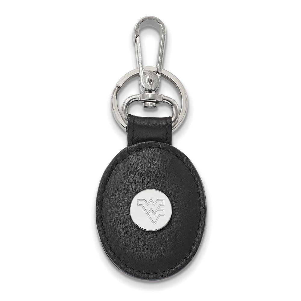 NCAA Sterling Silver West Virginia U Black Leather Logo Key Chain