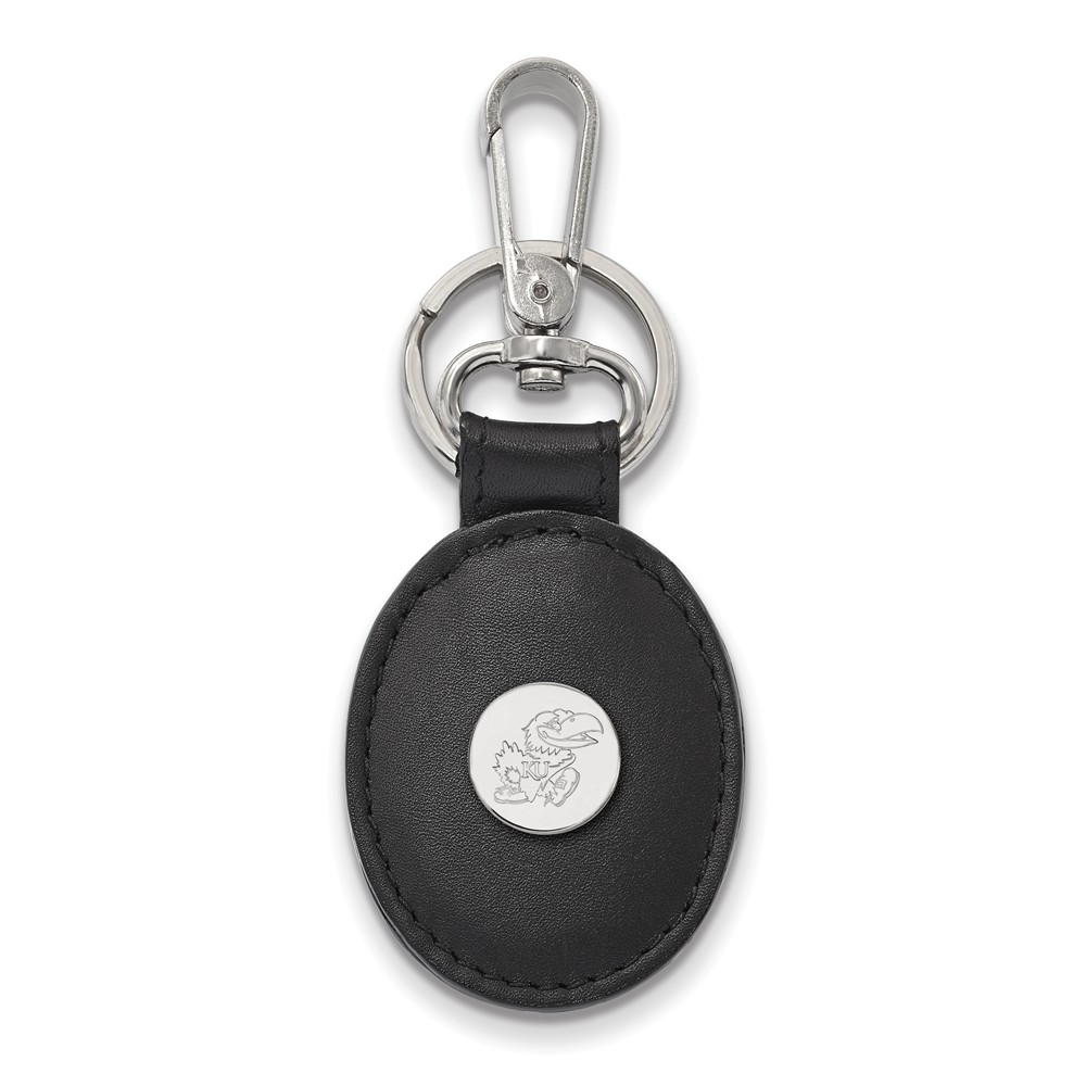 NCAA Sterling Silver U of Kansas Black Leather Key Chain