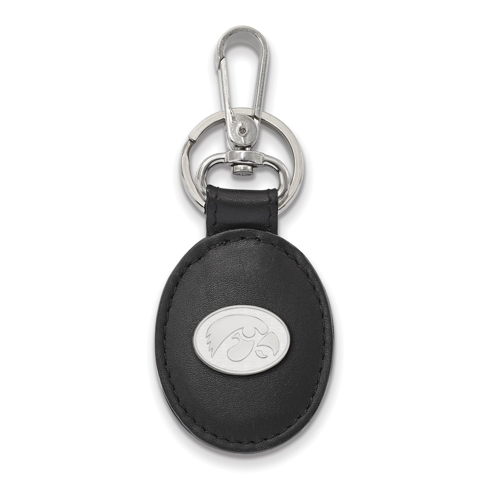 NCAA Sterling Silver U of Iowa Black Leather Key Chain