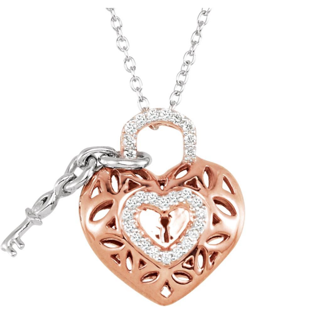 Diamond Heart Lock and Key Necklace in 14k Rose Gold Plate and Silver