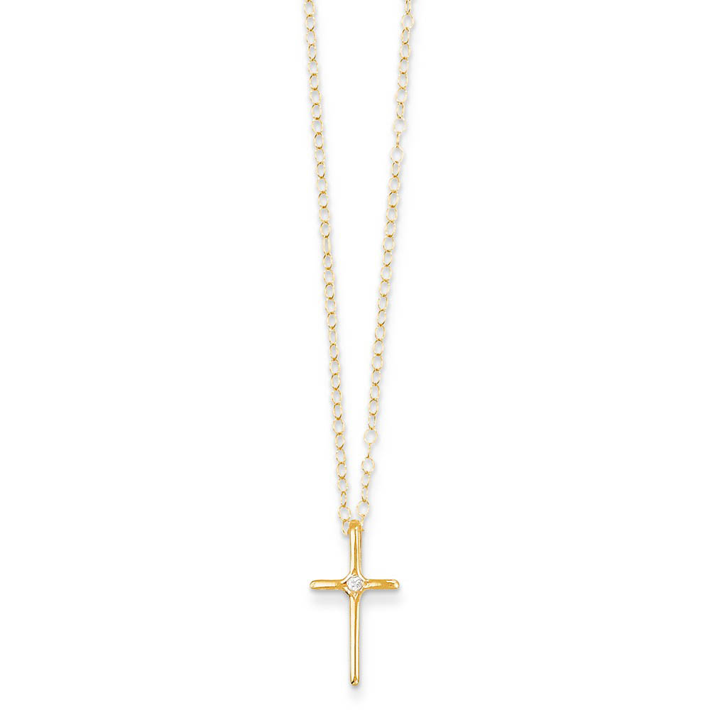 Kids .01 Carat Diamond Cross Necklace in 14k Yellow Gold - 15 Inch