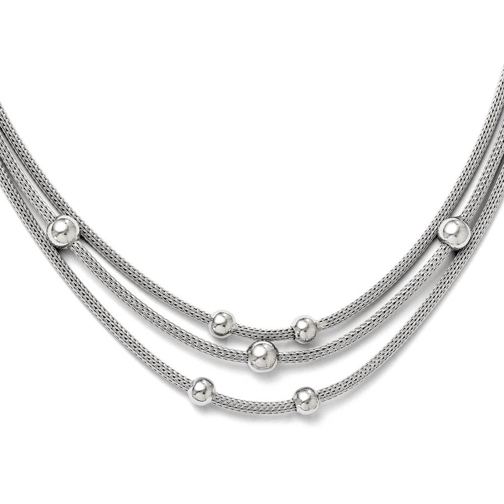 Triple Strand Beaded Mesh Chain Necklace in Sterling Silver