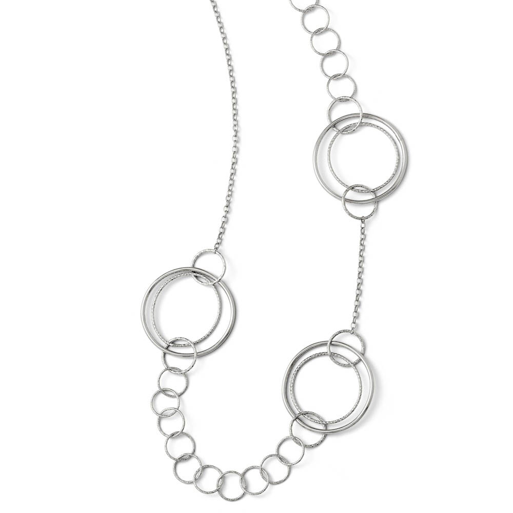 Polished and Textured Circle Link Necklace in Sterling Silver, 26 Inch