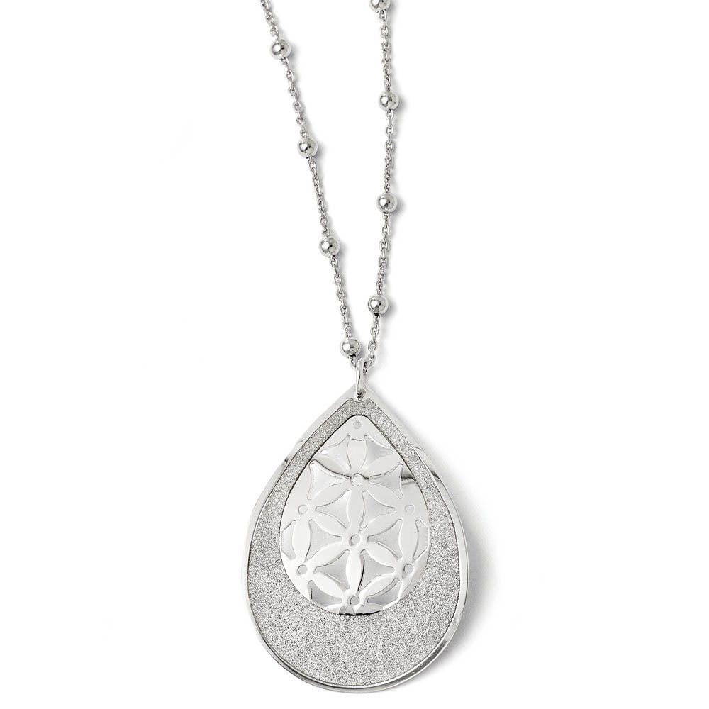 Glitter and Floral Teardrop Necklace in Sterling Silver, Inch
