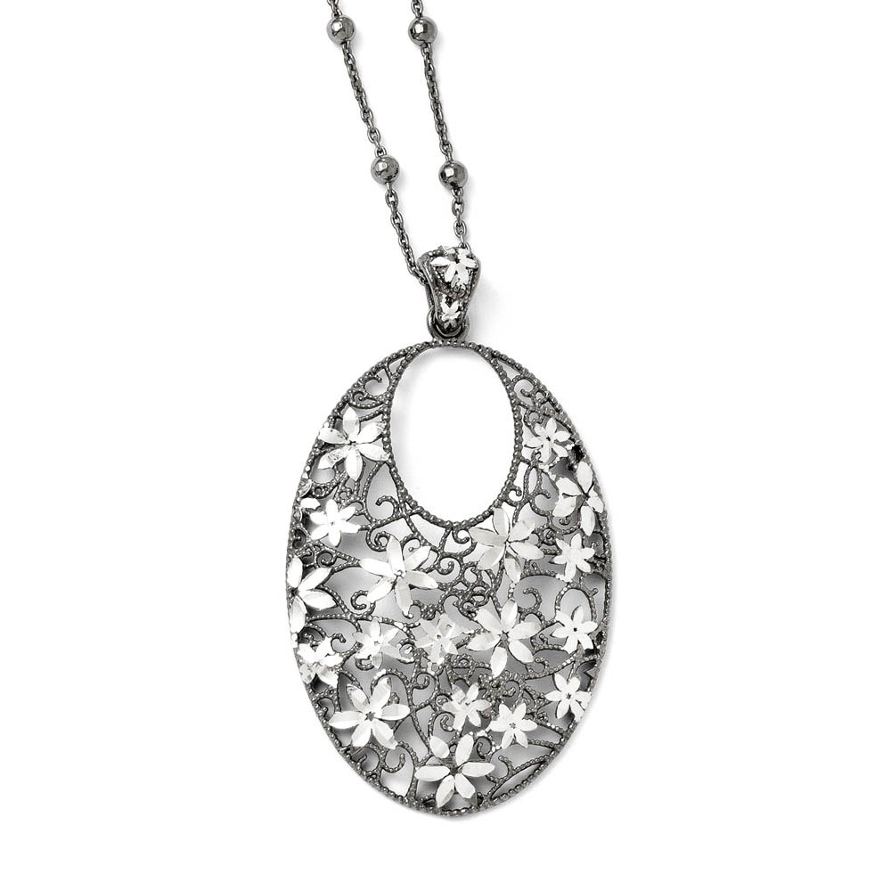 Two Tone Floral Oval Necklace in Black Plated Silver, Inch
