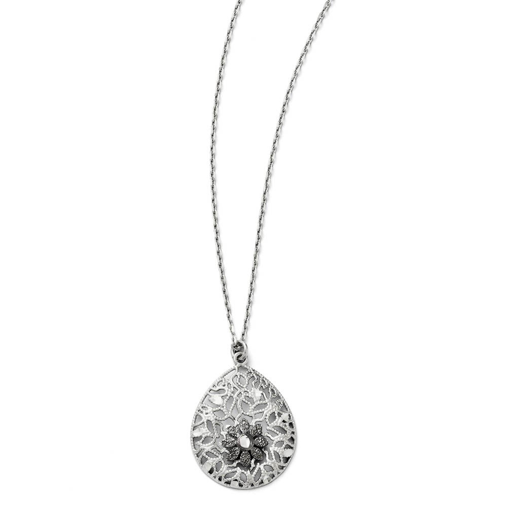 Two Tone Floral Teardrop Necklace in Sterling Silver, Inch