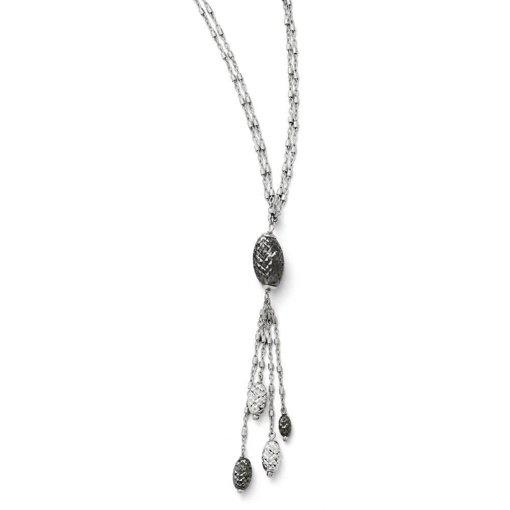 Two Tone Double Strand Beaded Tassel Necklace in Sterling Silver, Adj