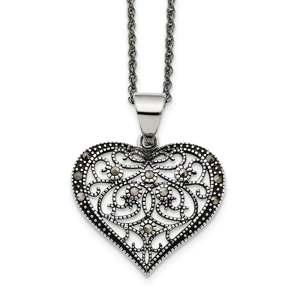 Marcasite Scroll Heart Necklace in Antiqued Stainless Steel