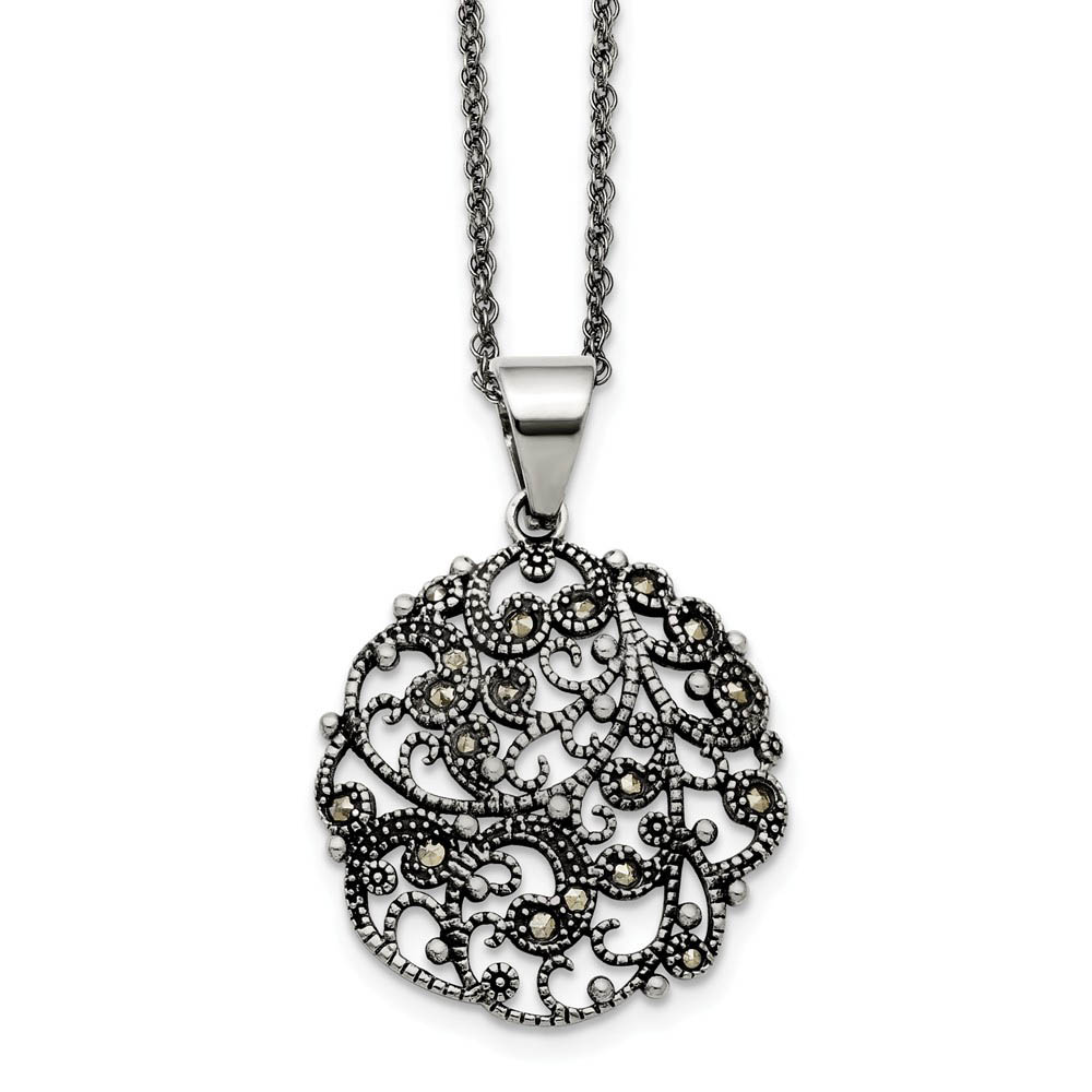 Marcasite Scroll Circle Necklace in Antiqued Stainless Steel