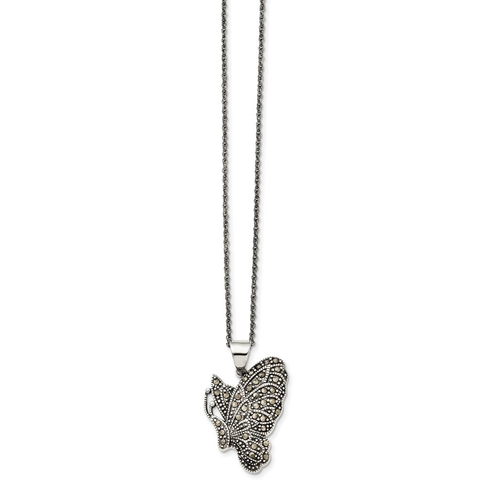 Marcasite Butterfly Necklace in Antiqued Stainless Steel