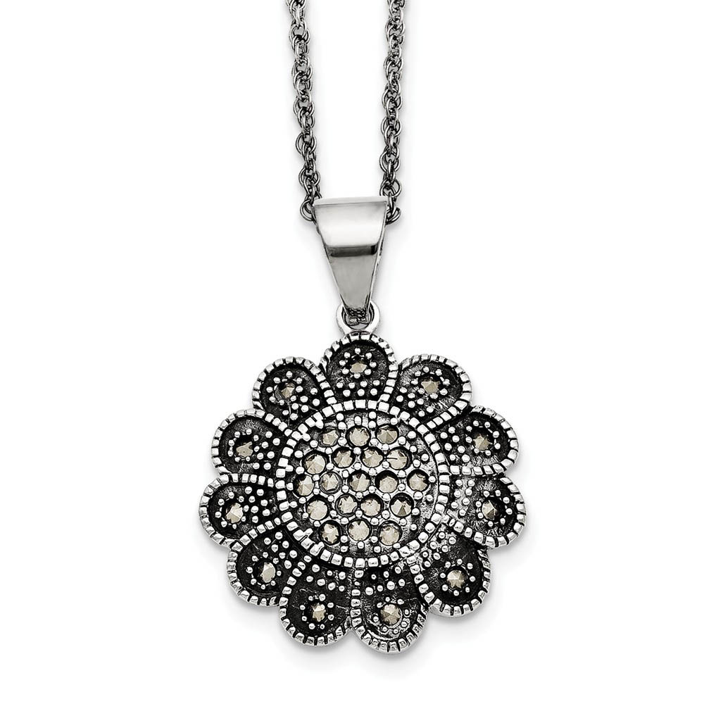 Marcasite Flower Necklace in Antiqued Stainless Steel