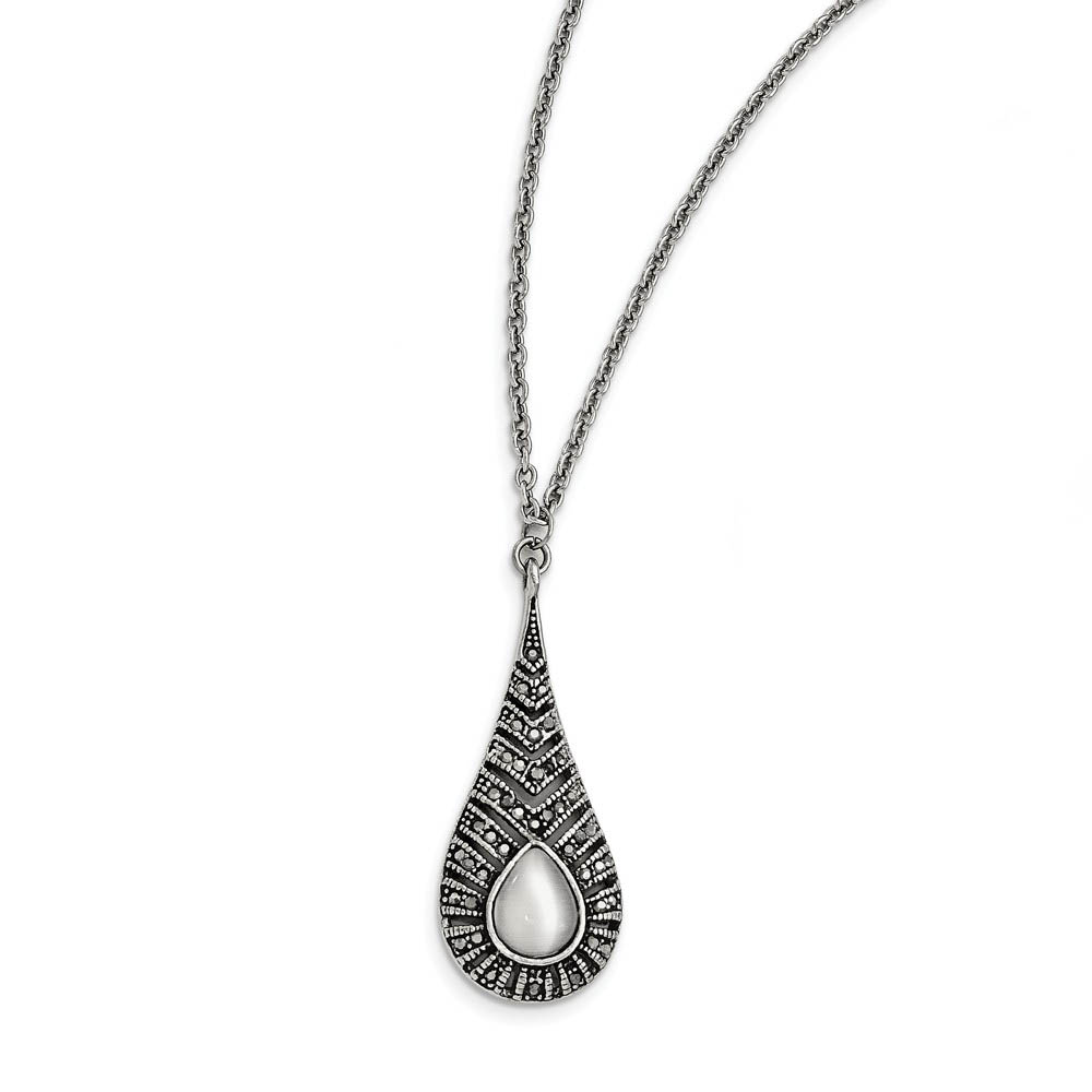 Marcasite & Cat's Eye Teardrop Necklace in Antiqued Stainless Steel