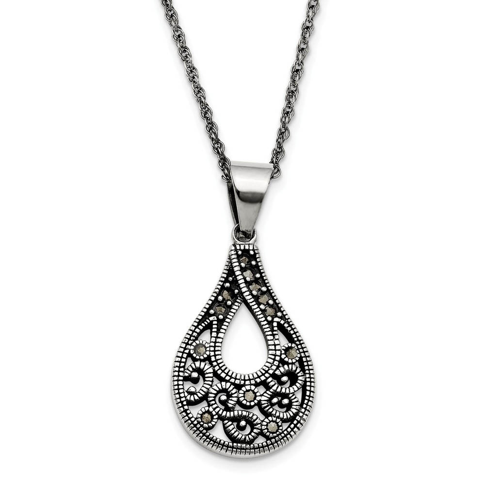 Marcasite Teardrop Necklace in Antiqued Stainless Steel
