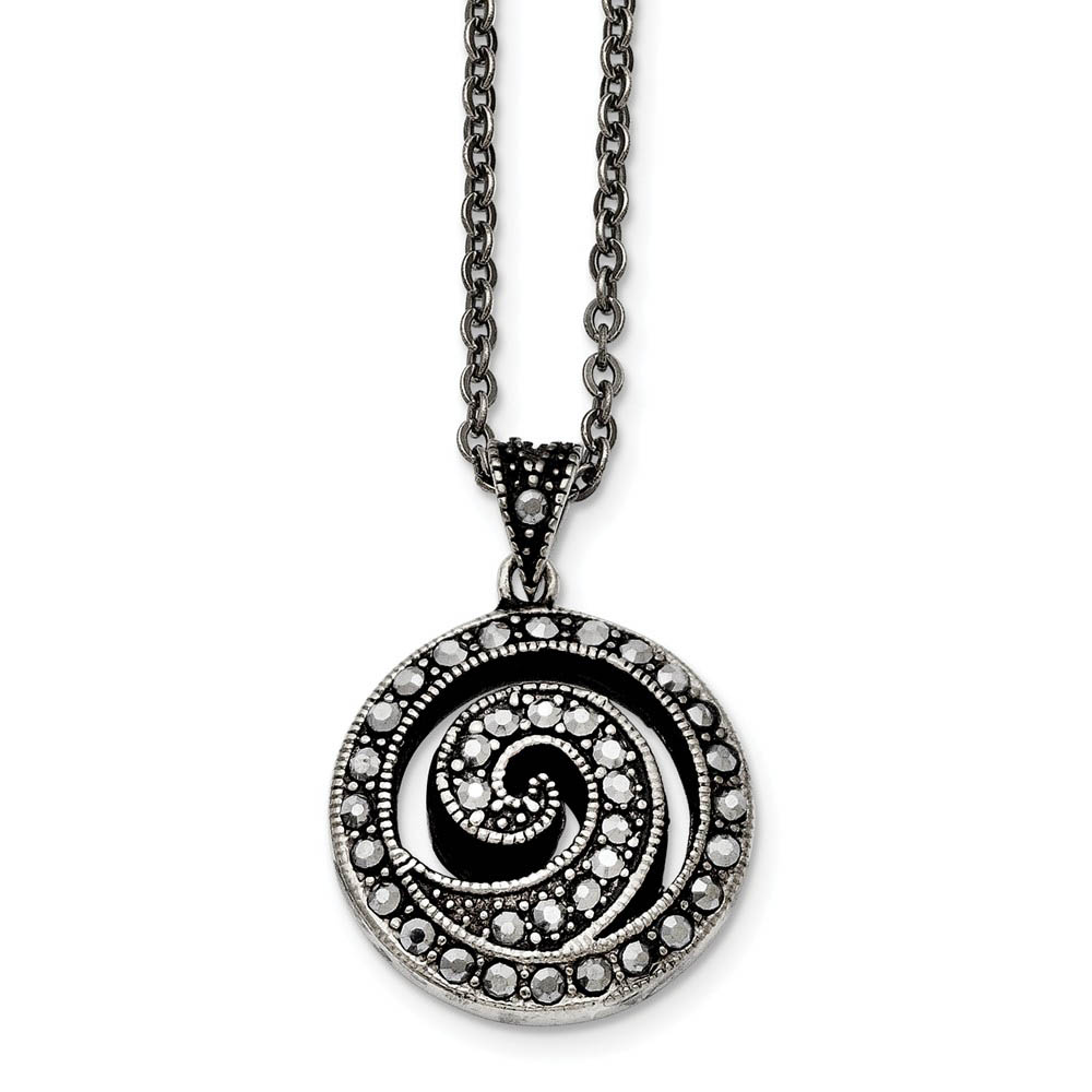 Marcasite Swirl Round Necklace in Antiqued Stainless Steel