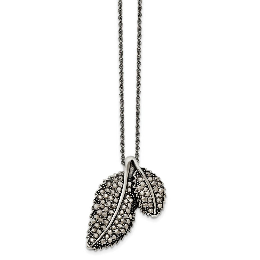 Marcasite Leaf Necklace in Antiqued Stainless Steel