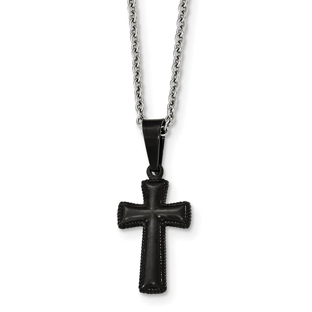 Black Plated Pillow Cross Necklace in Stainless Steel, 16 Inch