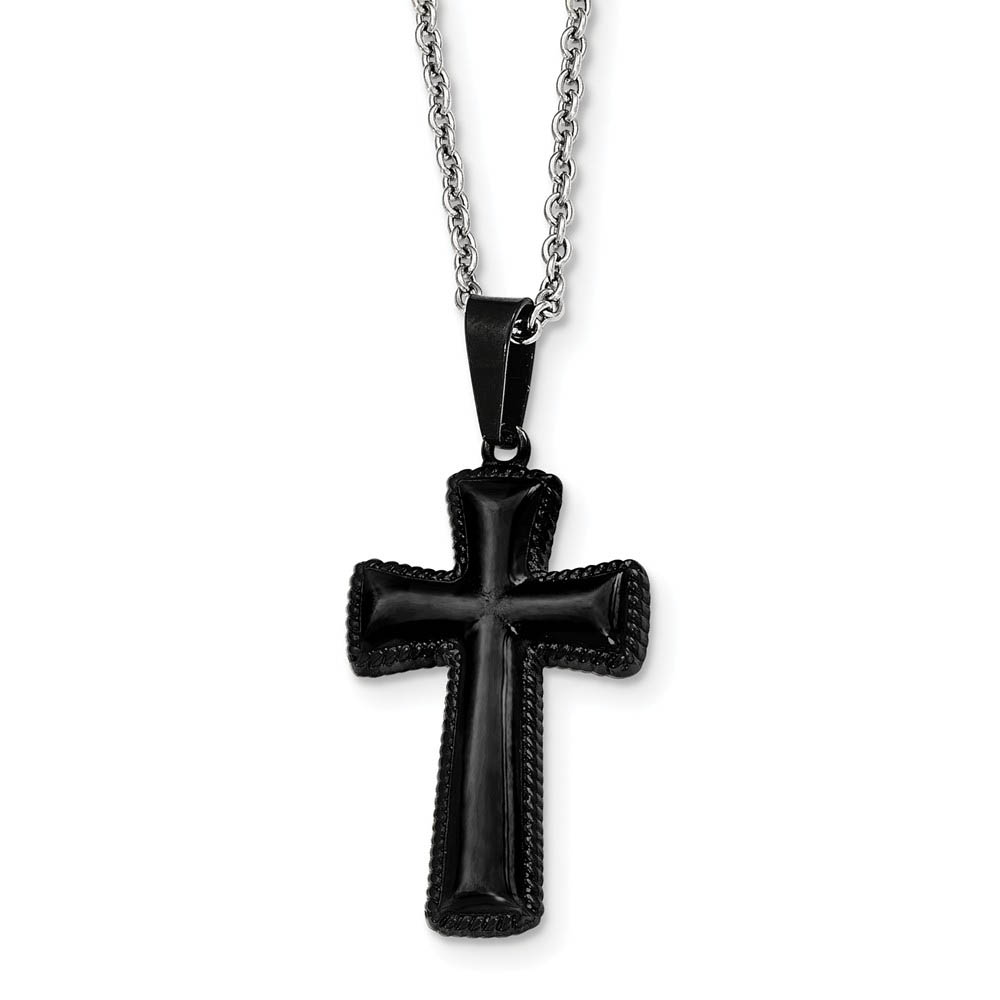 Black Plated Pillow Cross Necklace in Stainless Steel, 18 Inch