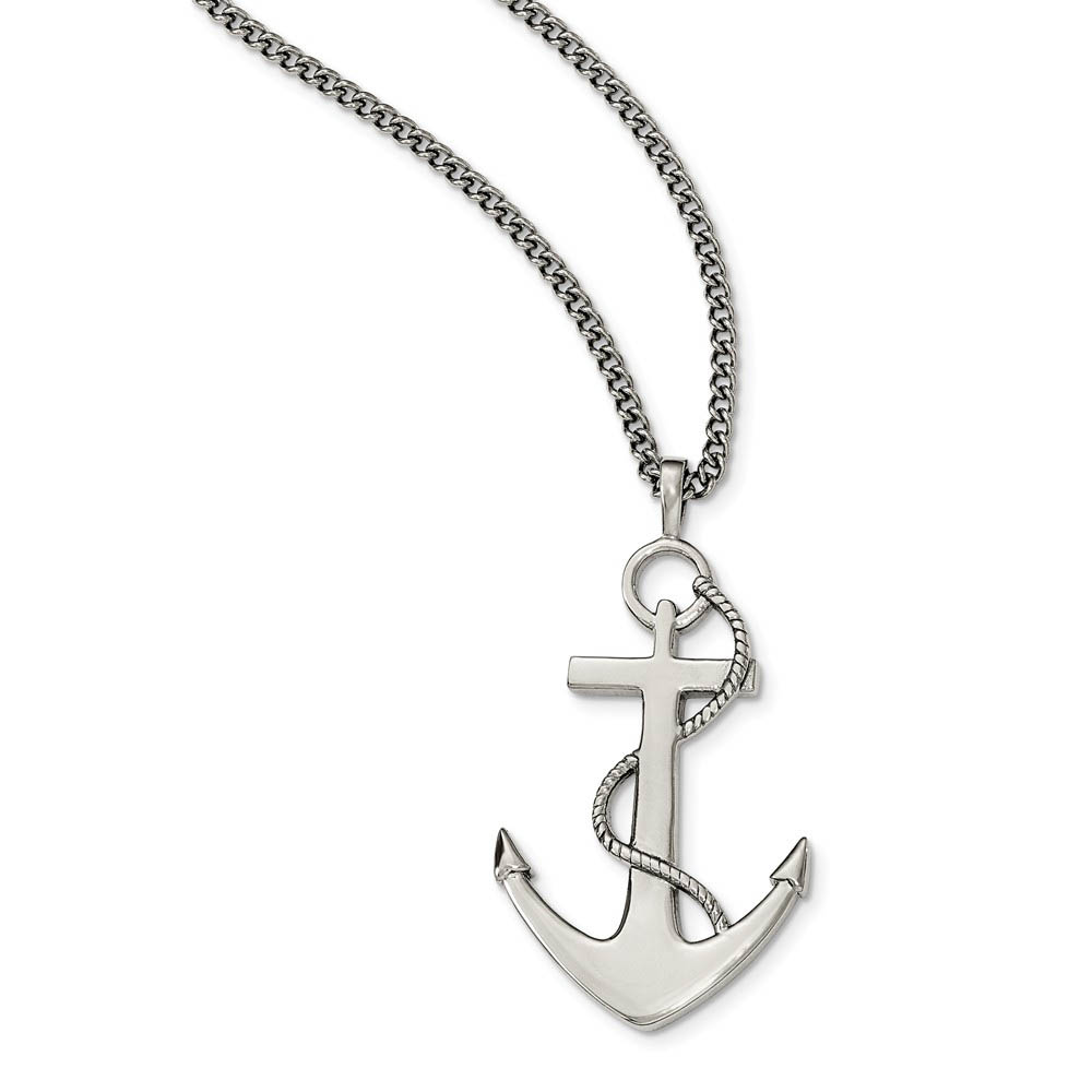 Large Polished Anchor Necklace in Stainless Steel, 24 Inch