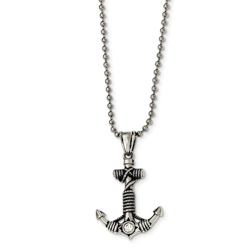Polished and Antiqued CZ Anchor Necklace in Stainless Steel