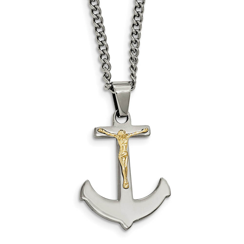 Crucifix Anchor Necklace in Stainless Steel &amp; 14k Gold Plating, 24 in