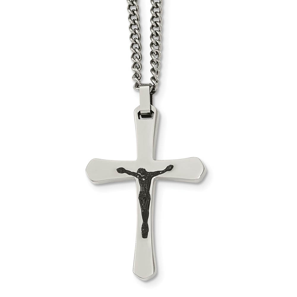 Two Tone Crucifix Cross Necklace in Stainless Steel, 24 Inch