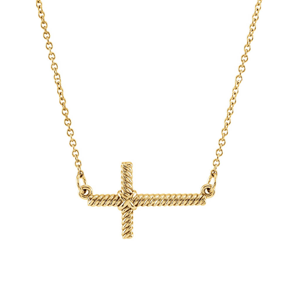 20mm Sideways Rope Cross Necklace in 14k Yellow Gold