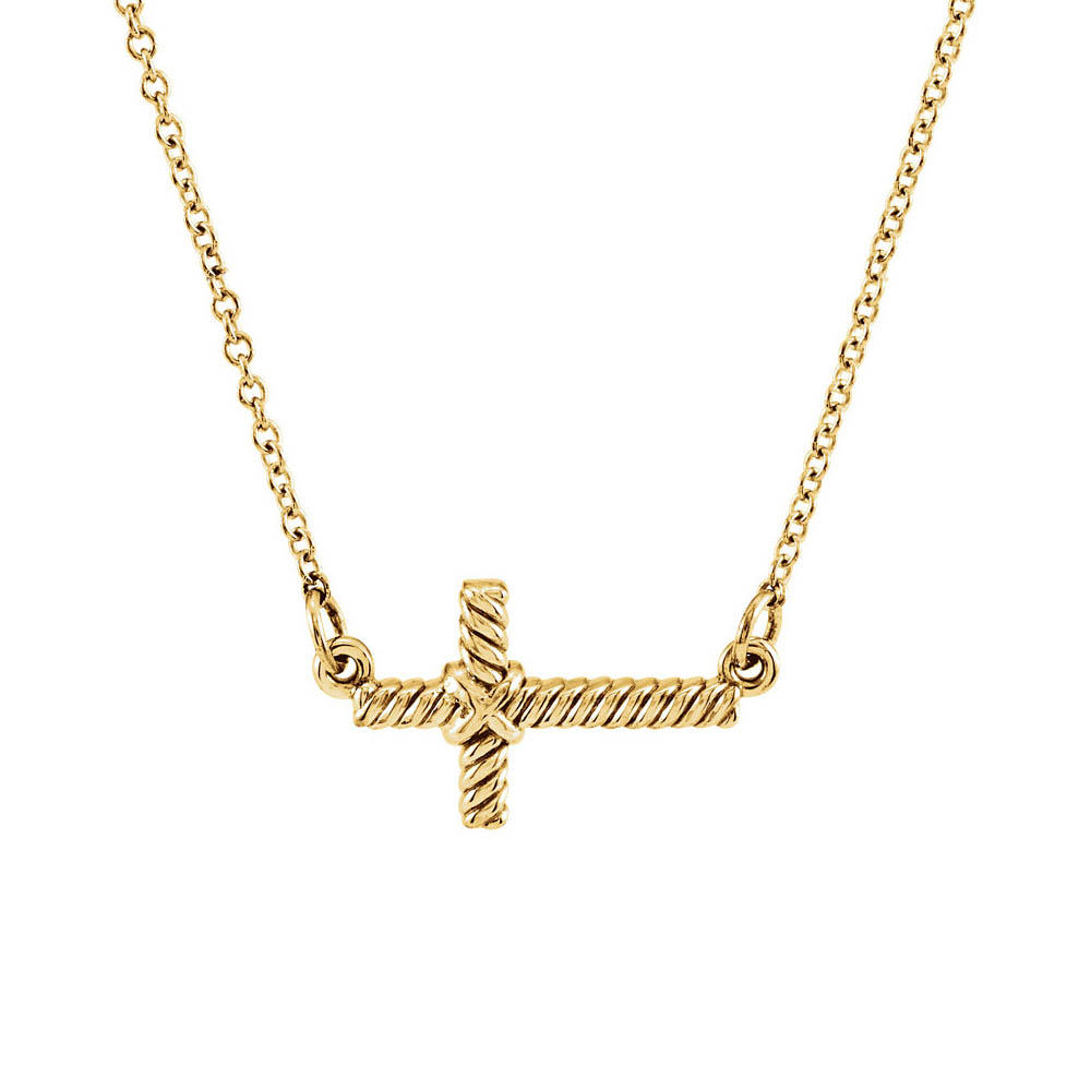 16mm Sideways Rope Cross Necklace in 14k Yellow Gold