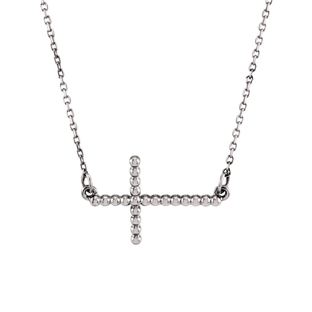 15.5mm Sideways Beaded Cross Necklace in 14k White Gold