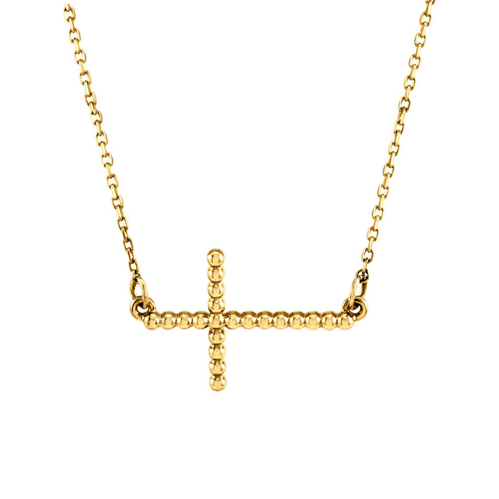 15.5mm Sideways Beaded Cross Necklace in 14k Yellow Gold, 16.5 Inch