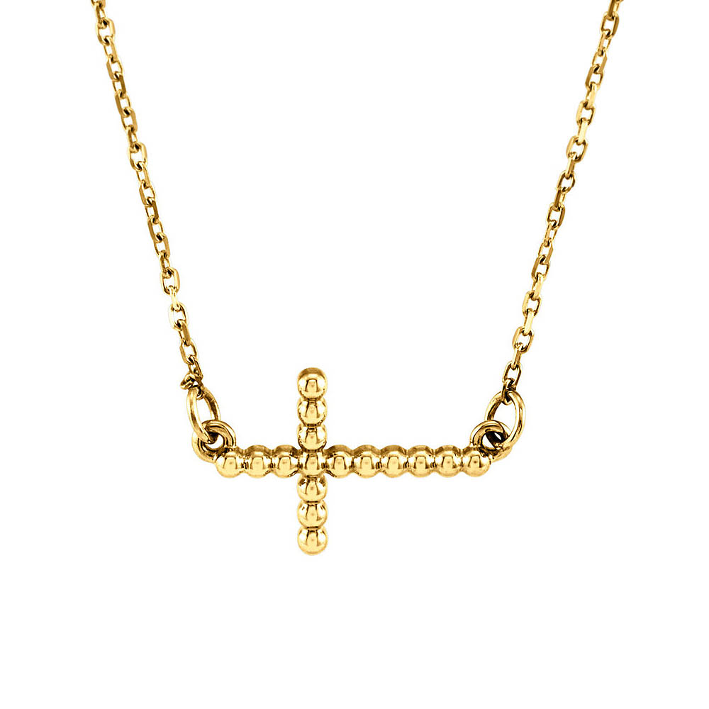 19.5mm Sideways Beaded Cross Necklace in 14k Yellow Gold