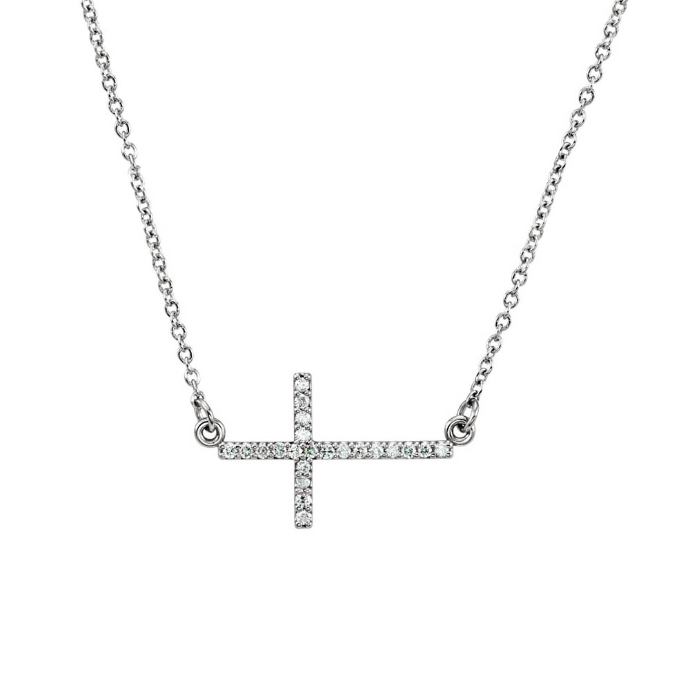 19.5mm Sideways Diamond Cross Adjustable 14k White Gold Necklace