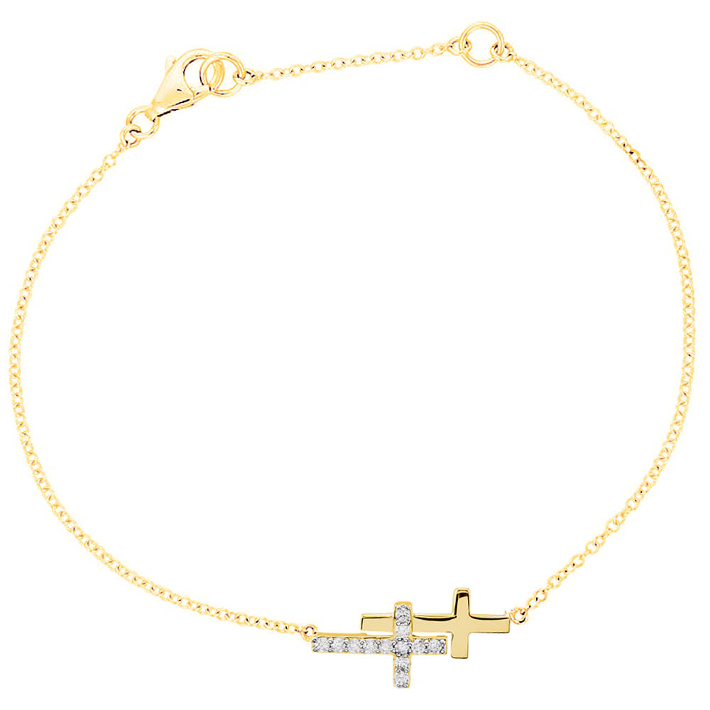 Diamond Double Sideways Cross Necklace in 14k Yellow Gold