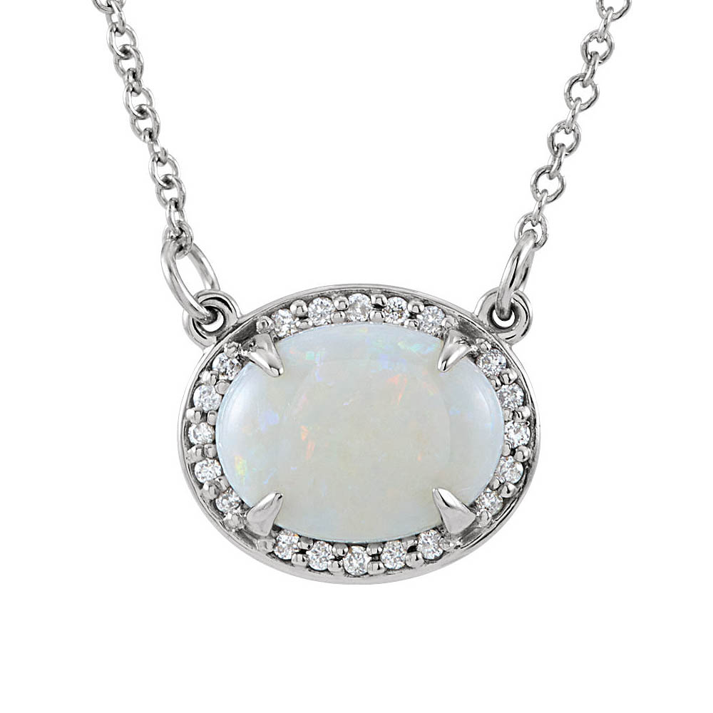 Oval White Opal & .05 Ctw Diamond 14k White Gold Necklace