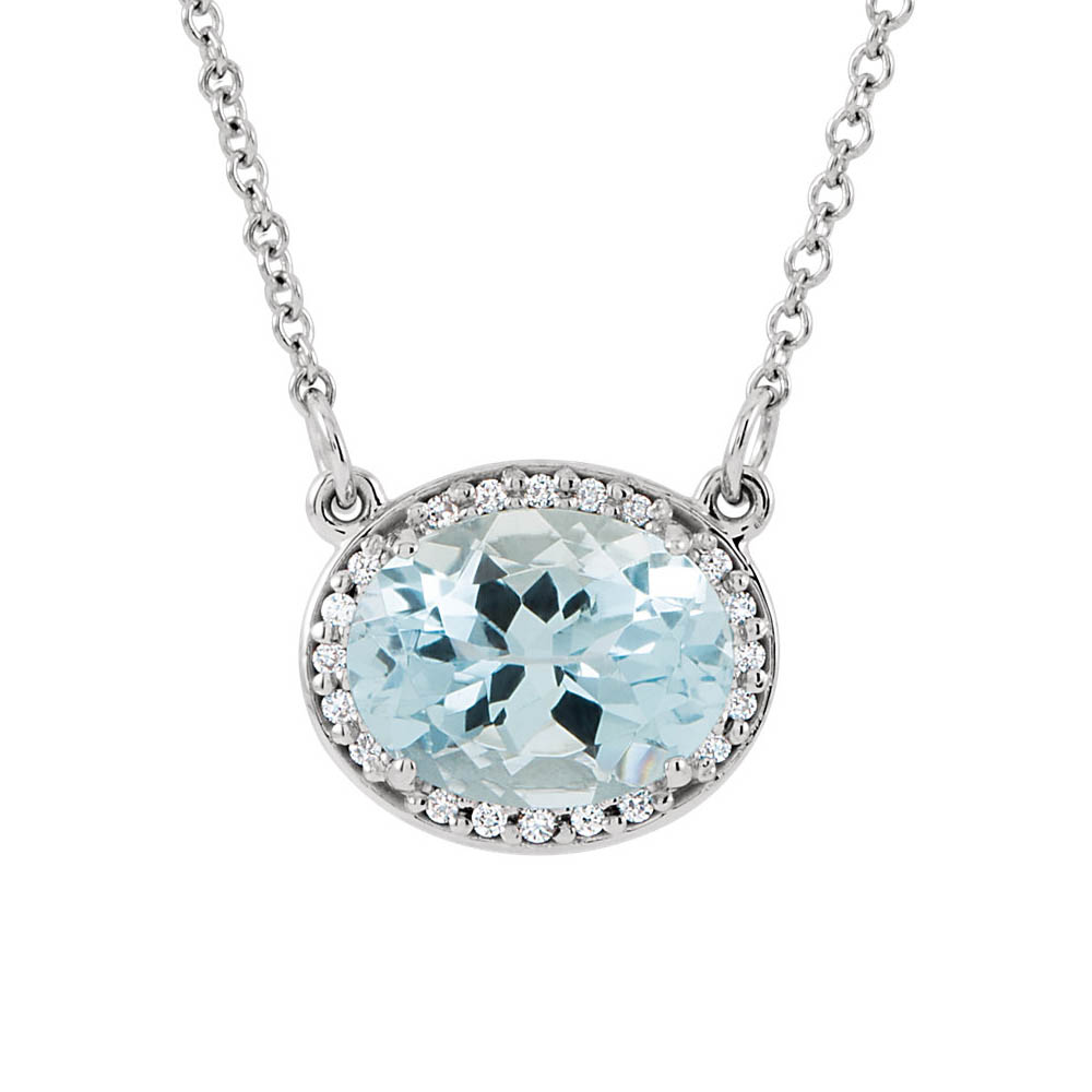 Oval Aquamarine &amp; .05 Ctw Diamond Necklace in 14k White Gold, 16 Inch