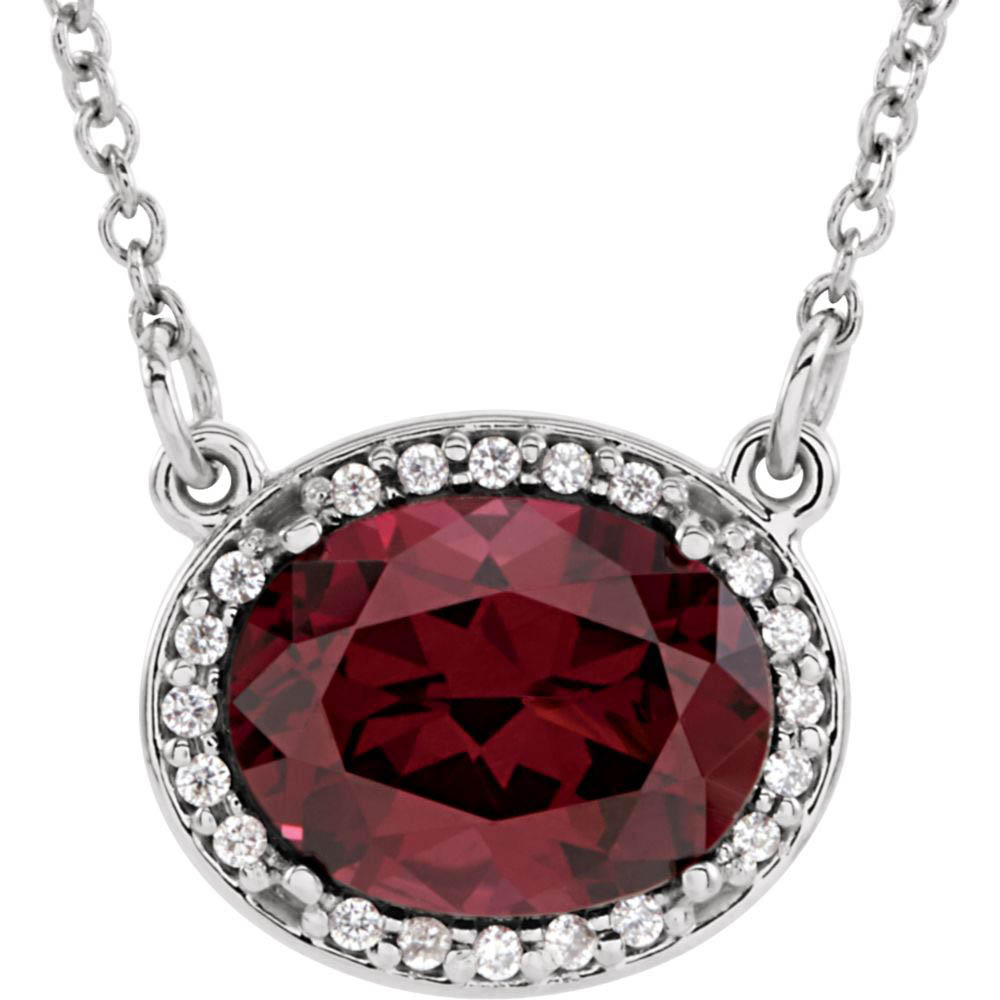 Oval Rhodolite Garnet &amp; .05 Ctw Diamond 14k White Gold Necklace, 16 In