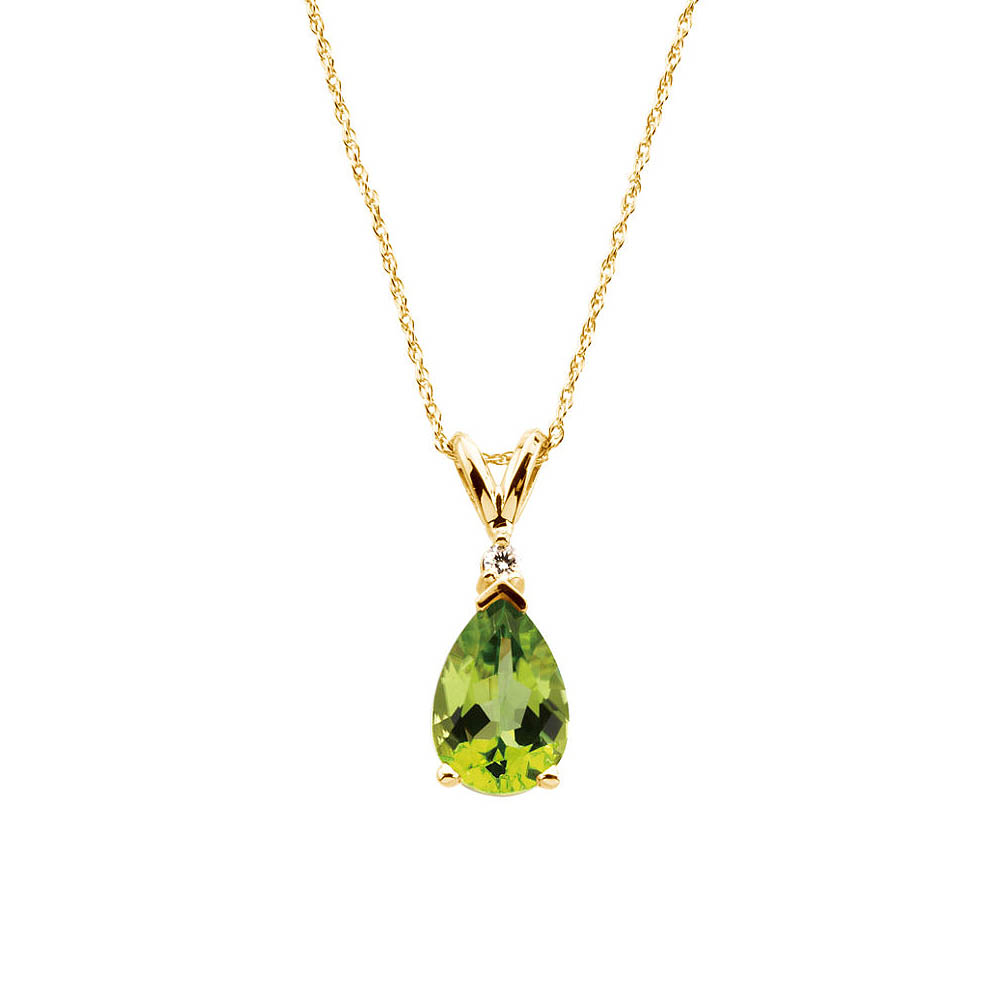 Peridot Teardrop &amp; .04 Ct Diamond Necklace in 14k Yellow Gold, 18 Inch