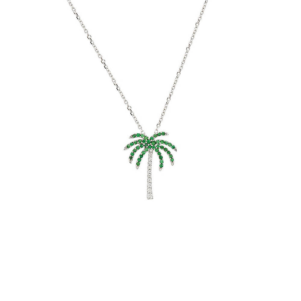 Tsavorite Garnet &amp; Diamond Palm Tree 14k White Gold Necklace, 16 Inch