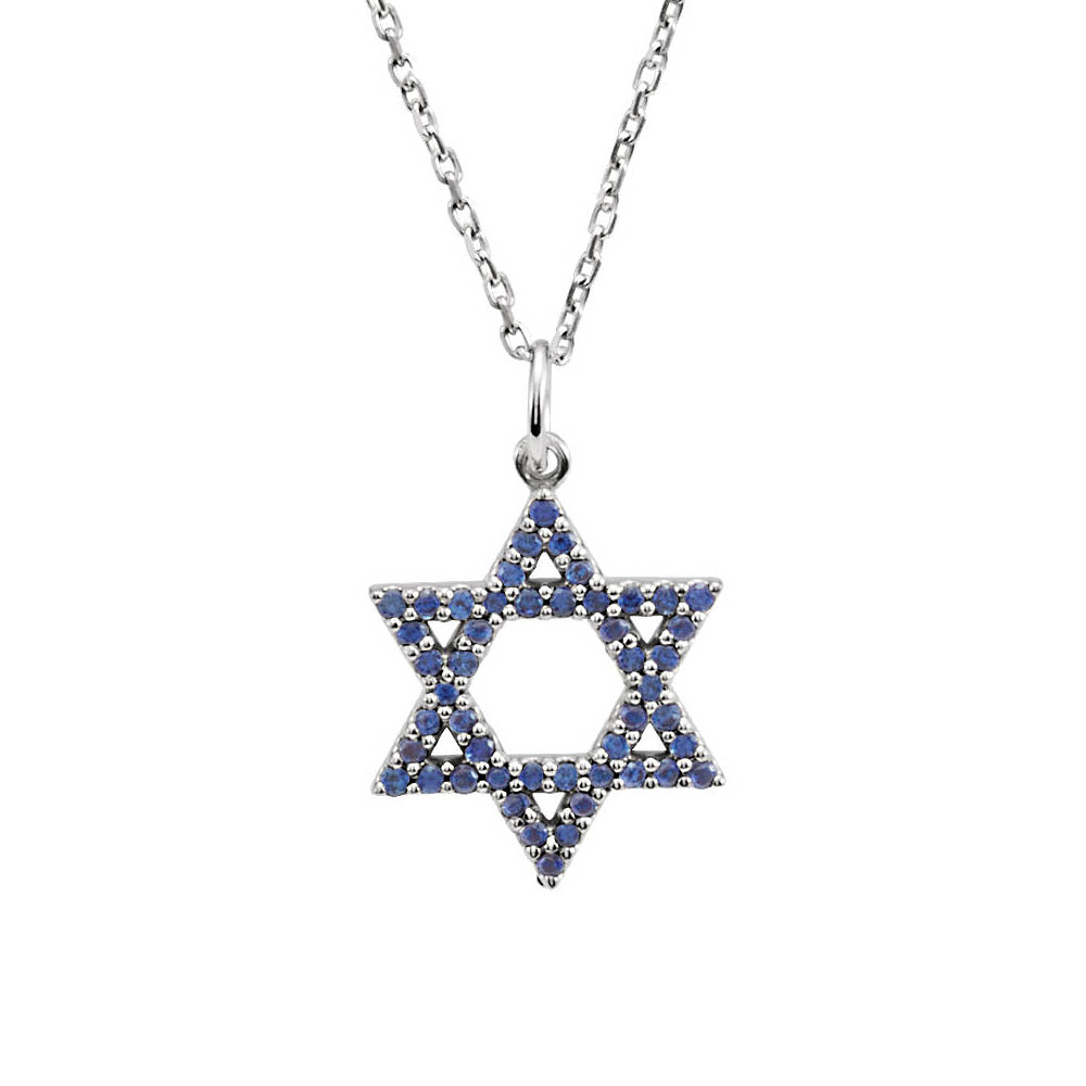 Blue Sapphire Star of David Necklace in 14k White Gold, 16 Inch