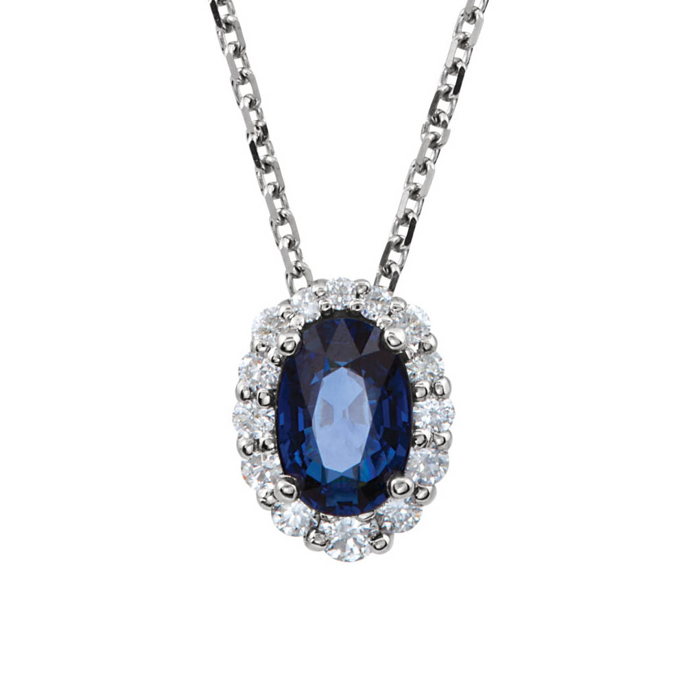 Oval Blue Sapphire &amp;1/6 Ctw Diamond Halo 14k White Gold Necklace 18 In