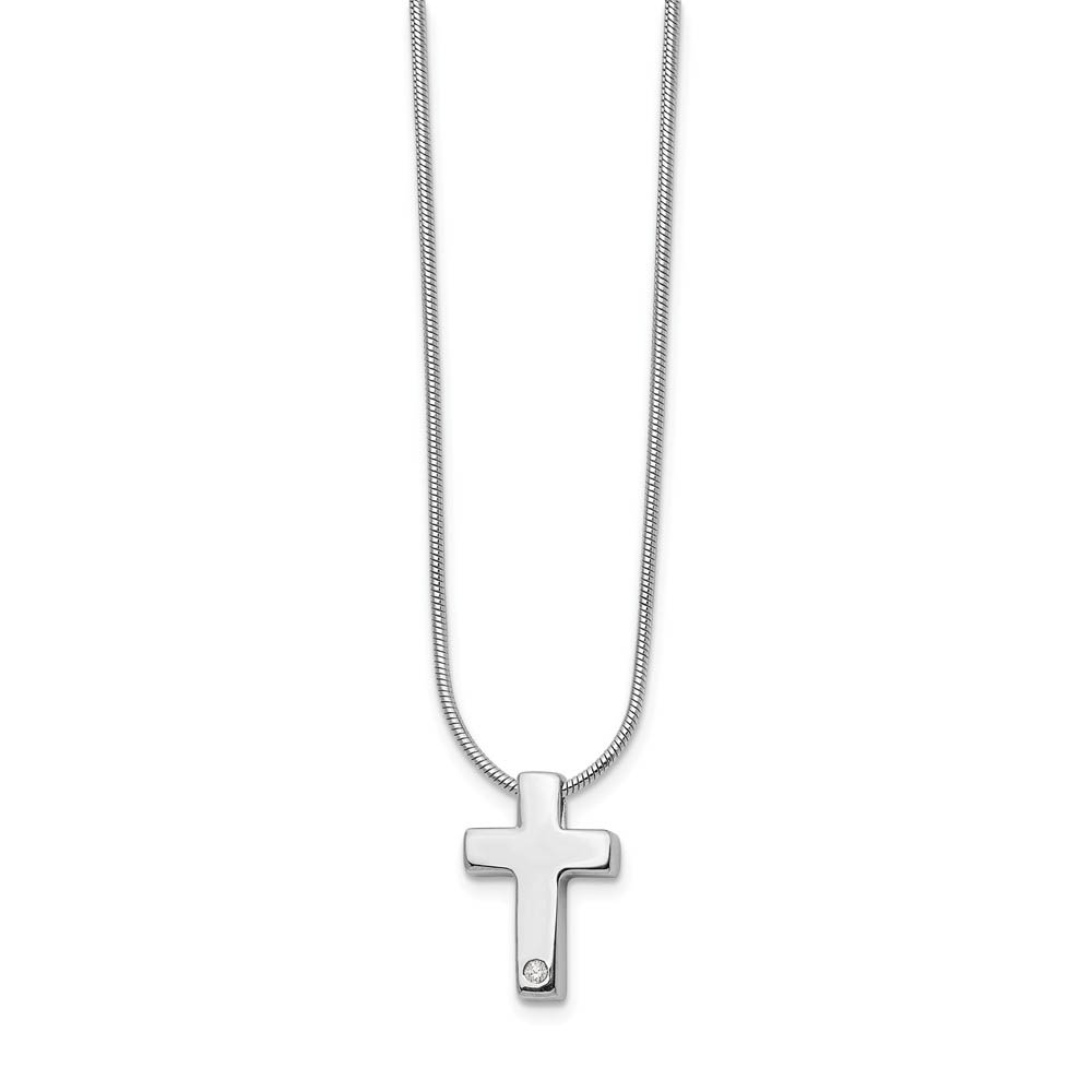 .01 Ct. Diamond Cross &amp; Snake Chain Necklace in Rhodium Plated Silver