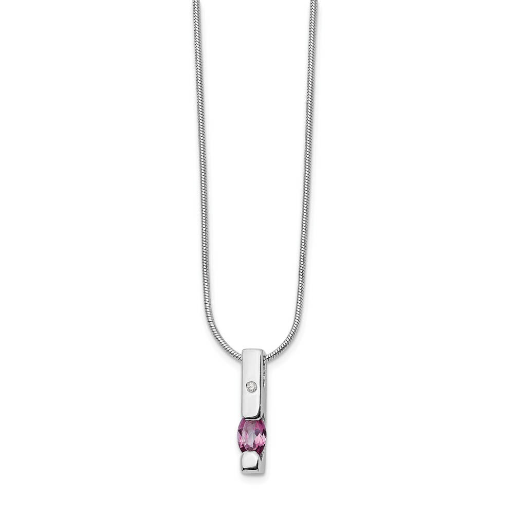 Pink Topaz &amp; 2pt Diamond Vertical Bar Rhodium Plated Silver Necklace