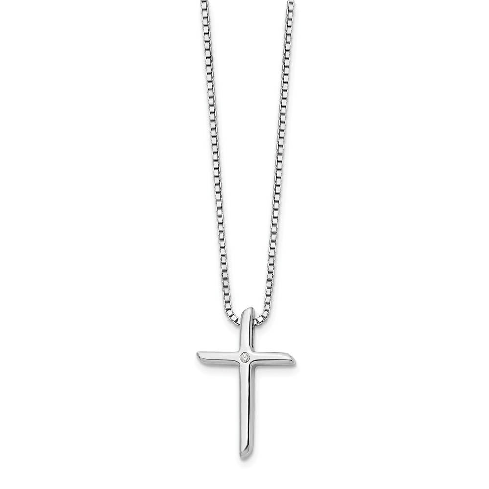 Diamond Cross Box Chain Necklace in Rhodium Plated Silver, Inch