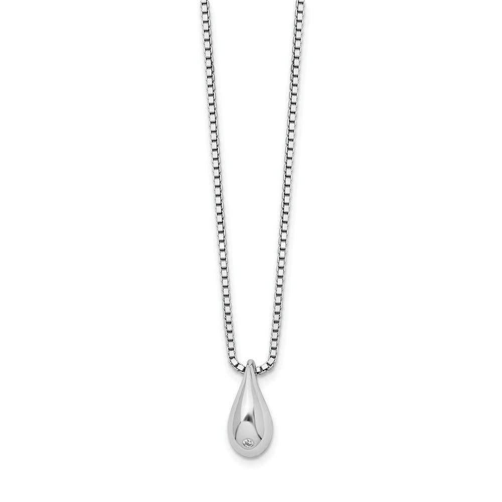 Diamond 3D Teardrop Necklace in Rhodium Plated Silver, Inch