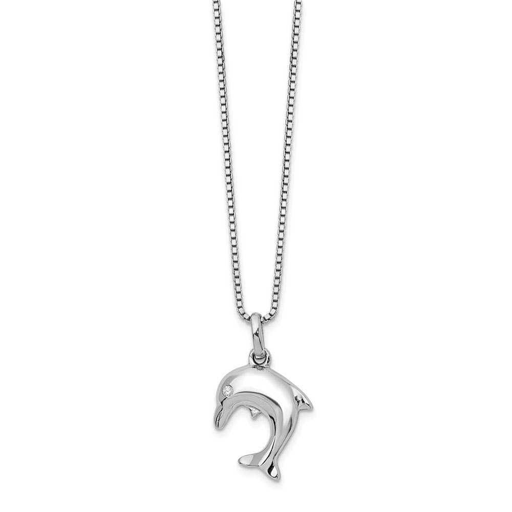 Diamond Dolphin Necklace in Rhodium Plated Sterling Silver, Inch